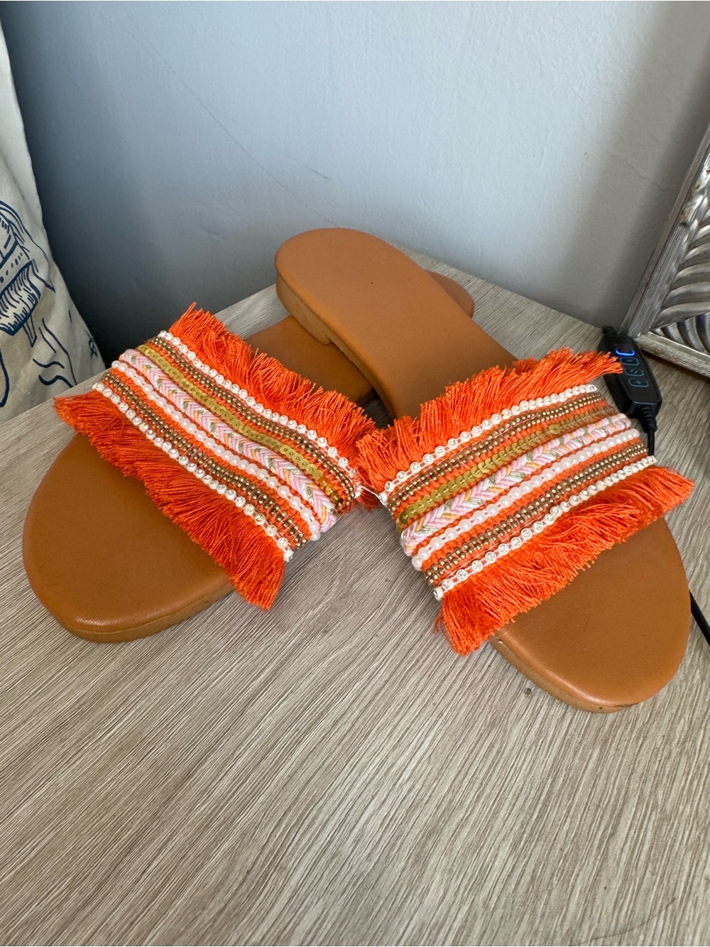 Women's Orange Fringe Slide Sandals with Beaded Trim - Picture 2 of 4